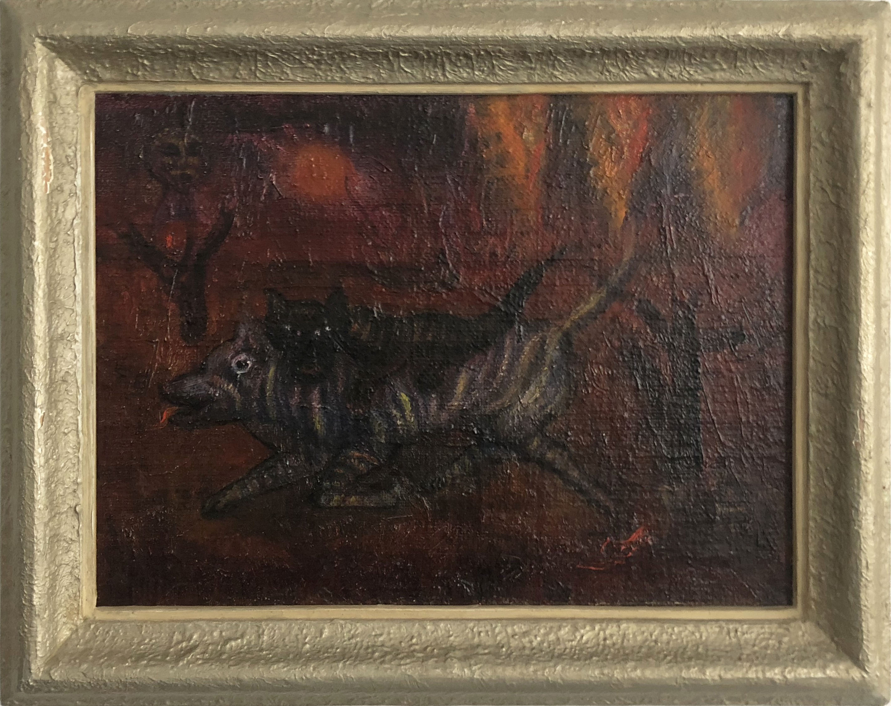 Hanny Korevaar (1893-1983), Kat op de rug van een hond in een surrealistisch landschap, rechtsonder gesigneerd, maroufle, 42 x 57cm. Hanny Korevaar (1893-1983)